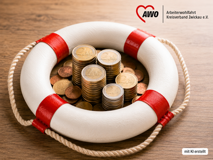 Illustration eines Rettungsrings mit Euro-Münzen als Symbol für finanzielle Unterstützung und Schuldnerberatung. Oben rechts befindet sich das Logo des AWO Kreisverbands Zwickau e. V., unten rechts der Hinweis „mit KI erstellt“.