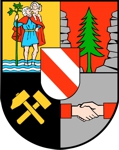Stadtwappen von Hohenstein-Ernstthal mit heiligem Christophorus, Schlägel, Eisen, Tanne, Hände und rot-weißem Schild